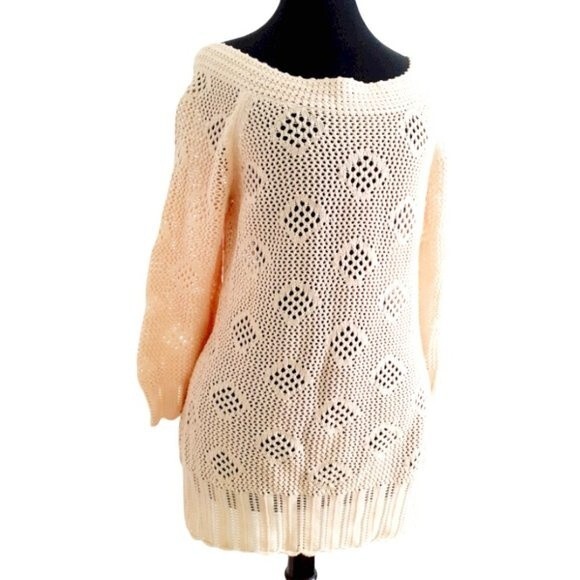 Rafaella Open Knit  Crochet Cream Yellow Quarter Sleeves Tunic Sweater Large - Picture 1 of 8